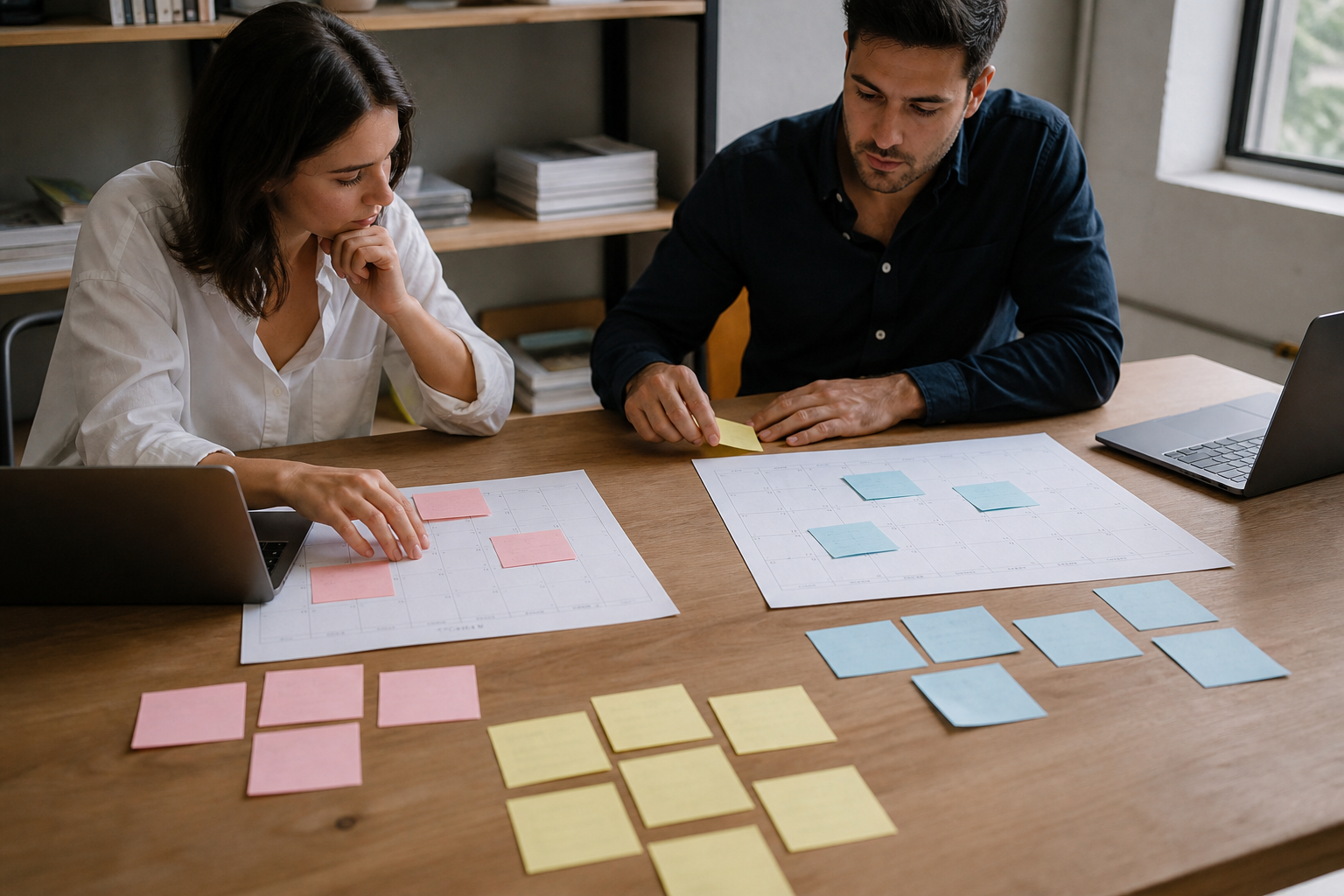 Equipo comparando planes de campañas y experimentos en calendarios de trabajo