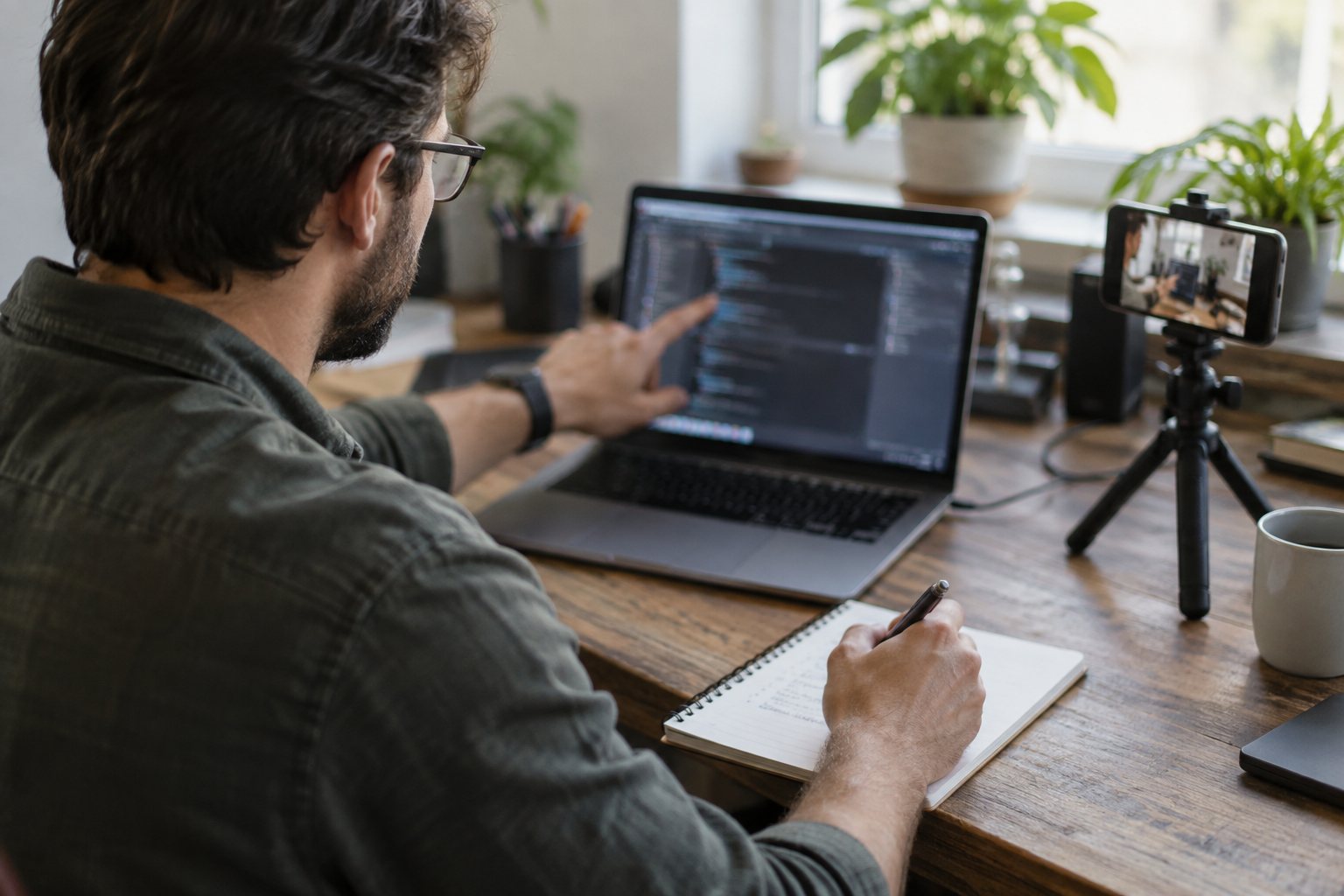 Technical professional documents a system with a laptop, notebook, and camera