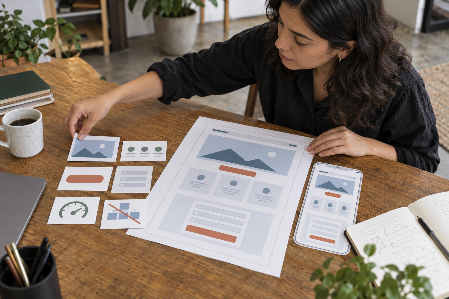 Professional applying a conversion checklist to desktop and mobile landing-page layouts