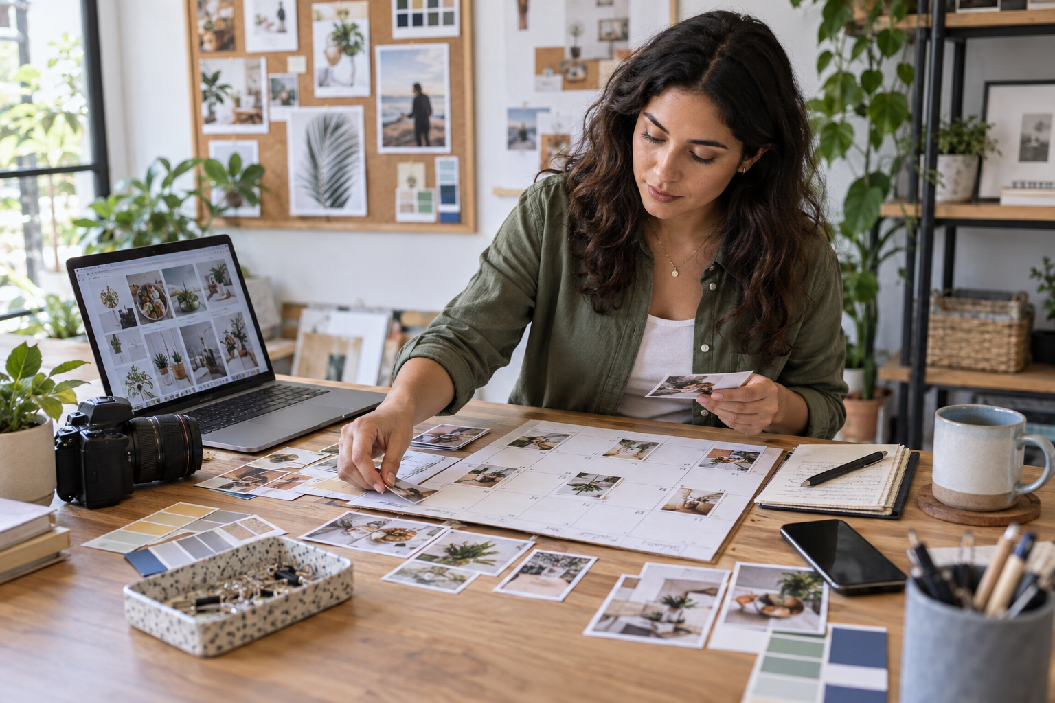 Community manager organizando fotografías y un calendario de publicaciones