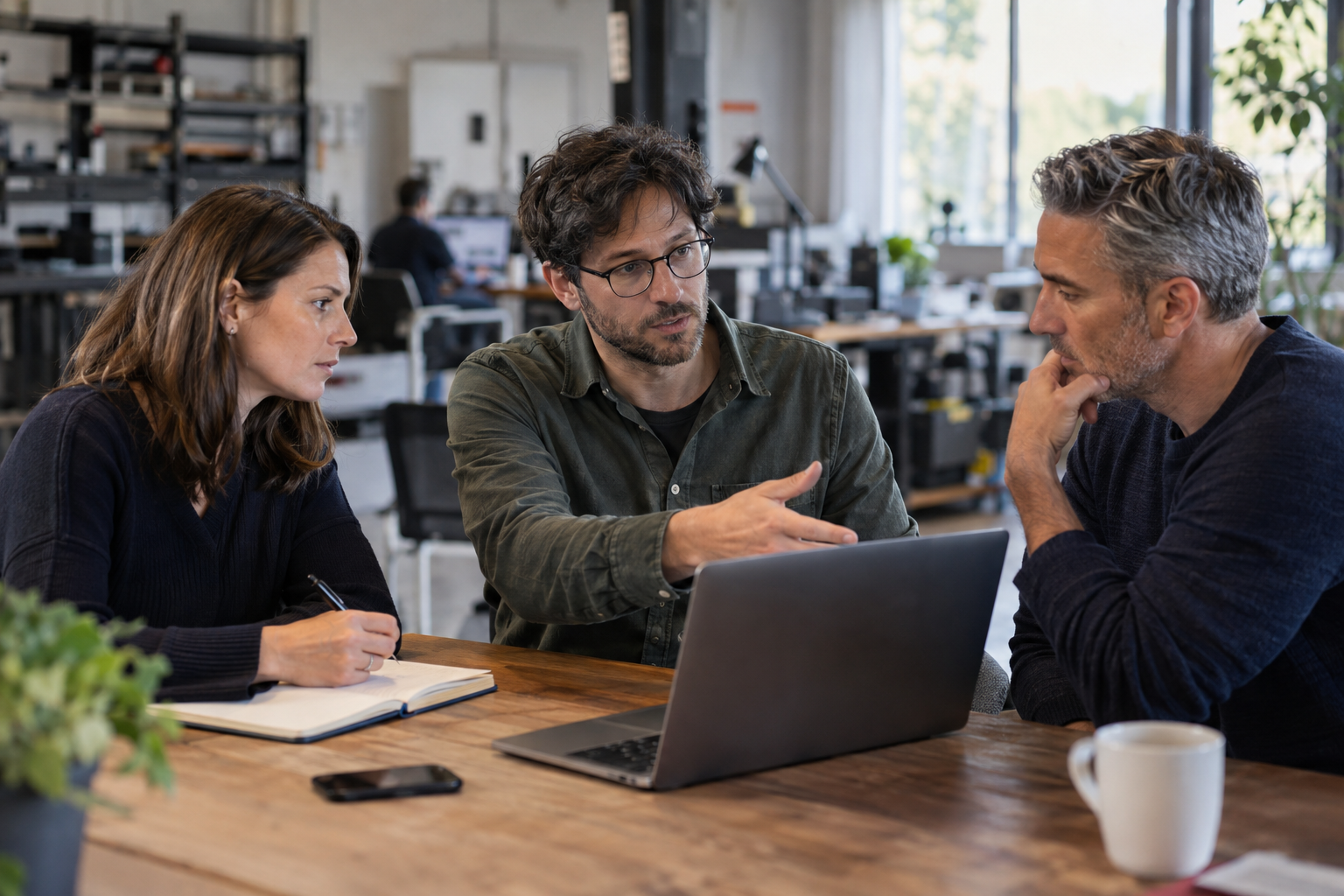 Technical founder explains a digital system to two colleagues during a meeting