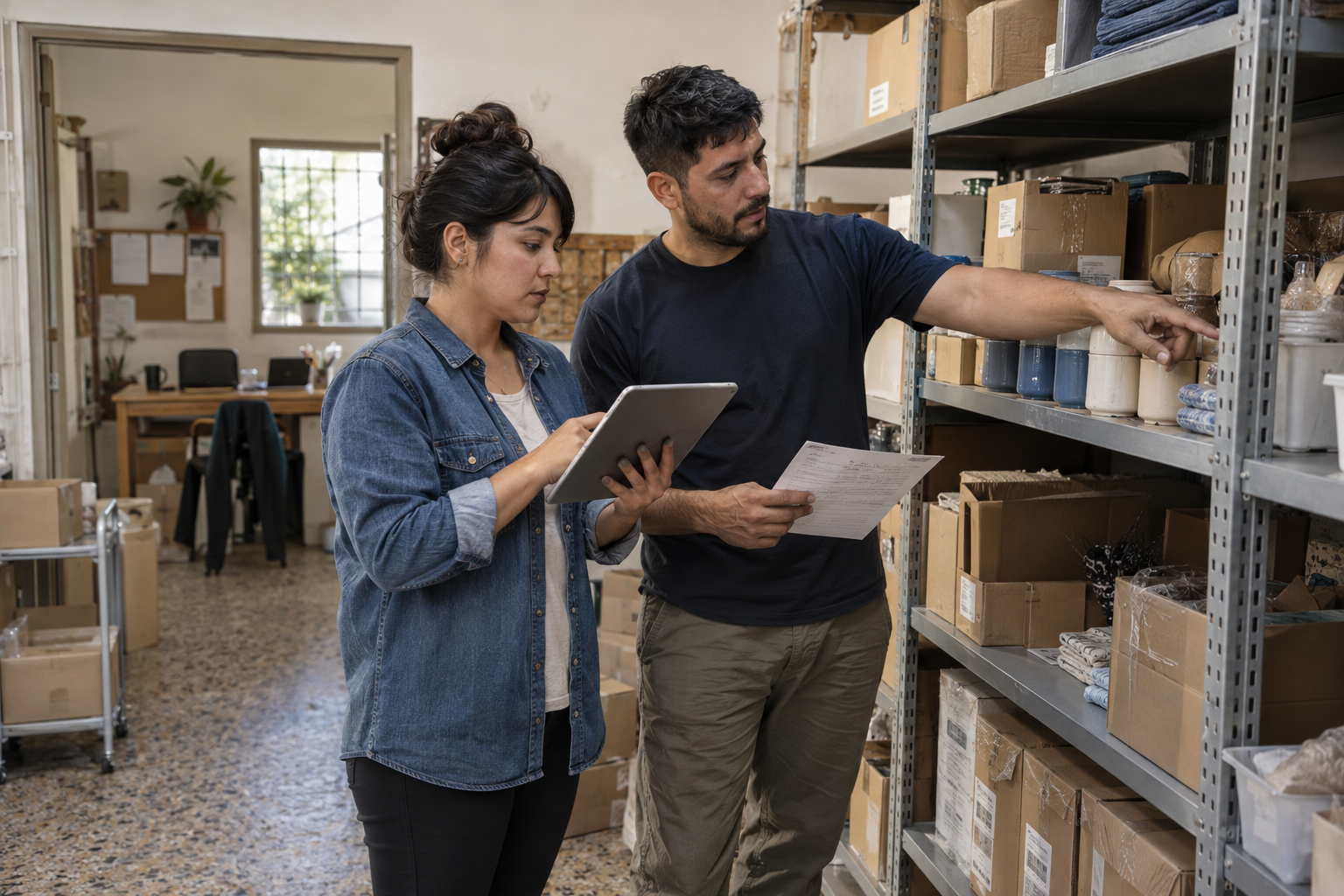 Small-business team verifying an inventory forecast against physical stock