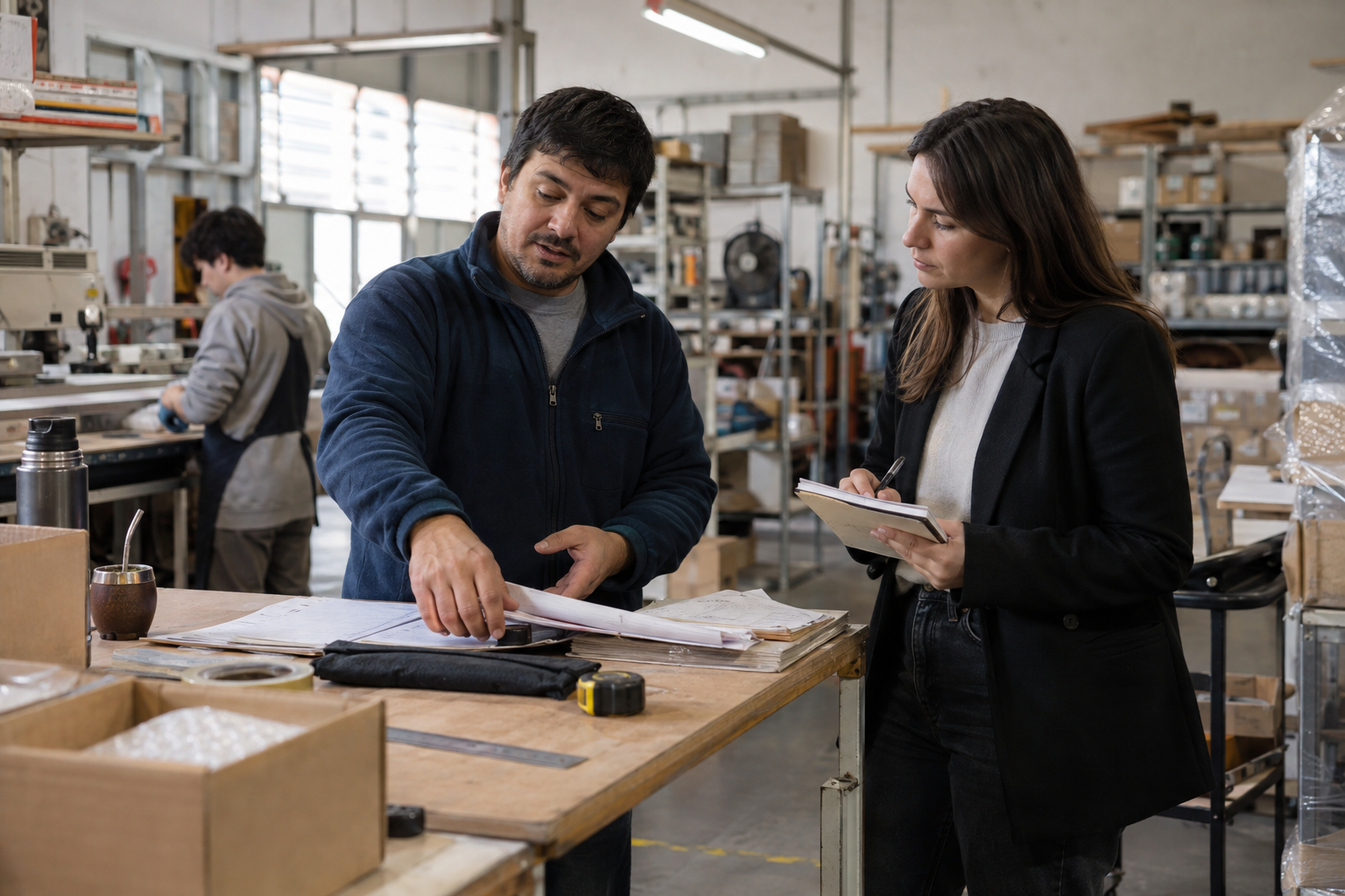 Consultora observando el trabajo cotidiano de una PyME antes de recomendar cambios